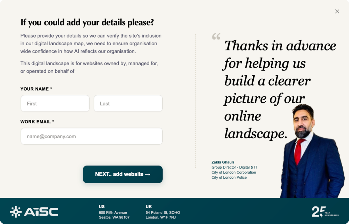 Step 1 of the add-sites form, opened from the secure link: if you could add your details please, with fields for your name and work email