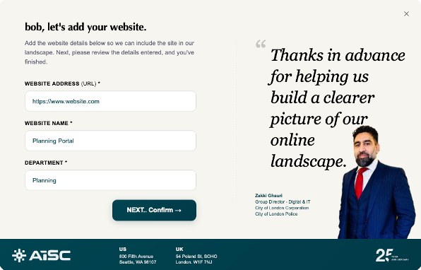 Step 2 of the add-sites form: let&rsquo;s add your website, with fields for the website address, its name, and the department