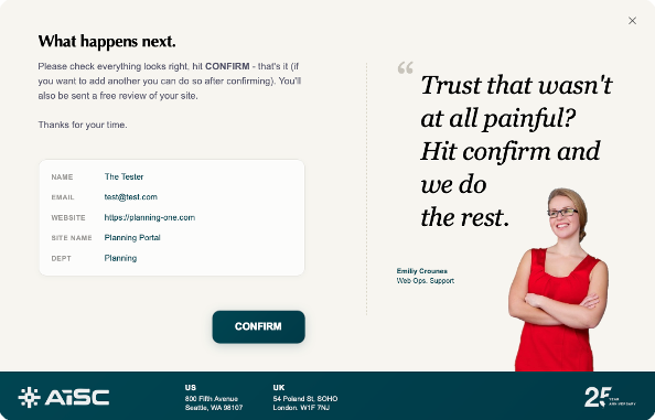 Step 3 of the add-sites form: what happens next, a summary of the details entered with a confirm button