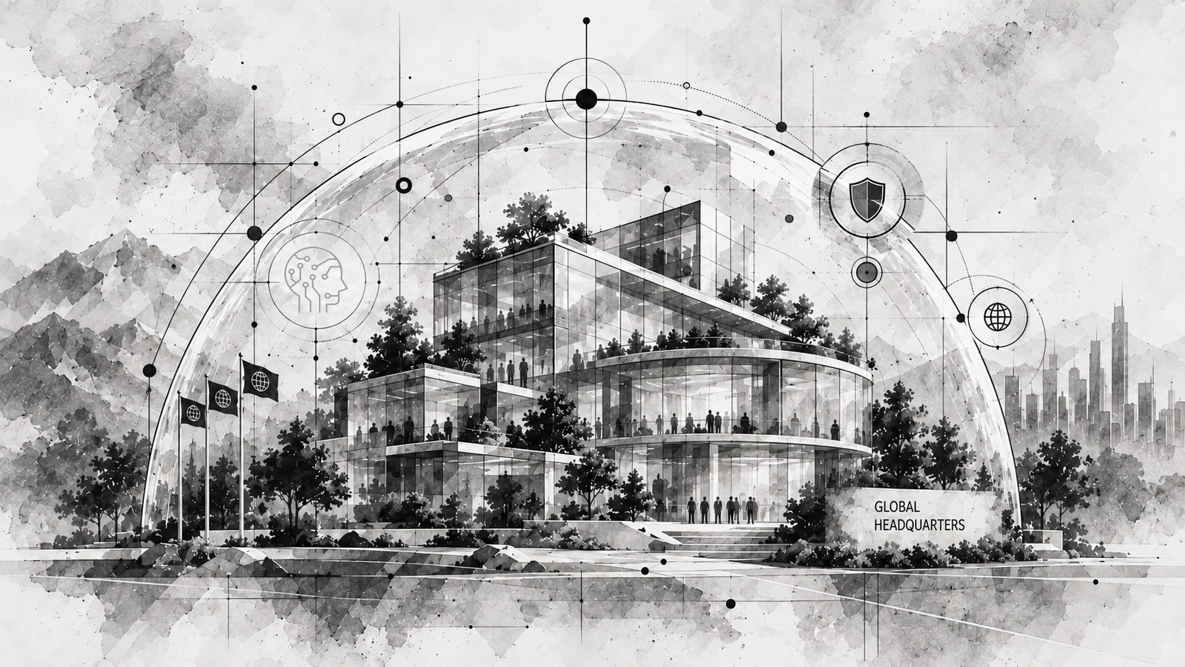 Confidence from knowledge: the Global Headquarters beneath a protective dome, ringed by signals for AI, protection and global reach