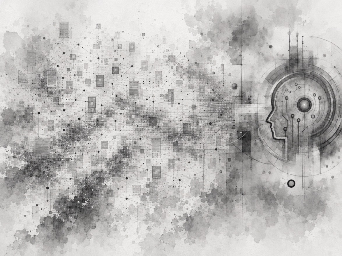 Monochrome watercolour and technical-line illustration showing an abstract human profile on the right, facing left into a fragmented digital landscape. The landscape contains numerous faint web-page and PDF-like forms, scattered nodes, partial grids, broken pathways and semi-connected clusters, representing an organisation's known, unknown, managed and unmanaged digital content. Darker and lighter areas suggest differing levels of structure, control and machine readability. The image illustrates AI readiness beginning with discovery and mapping of the complete digital estate so AI systems can find, index and interpret organisational information accurately.